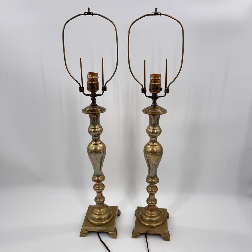 Pair of Vintage Brass Finish Column Table Lamps with Square Bases